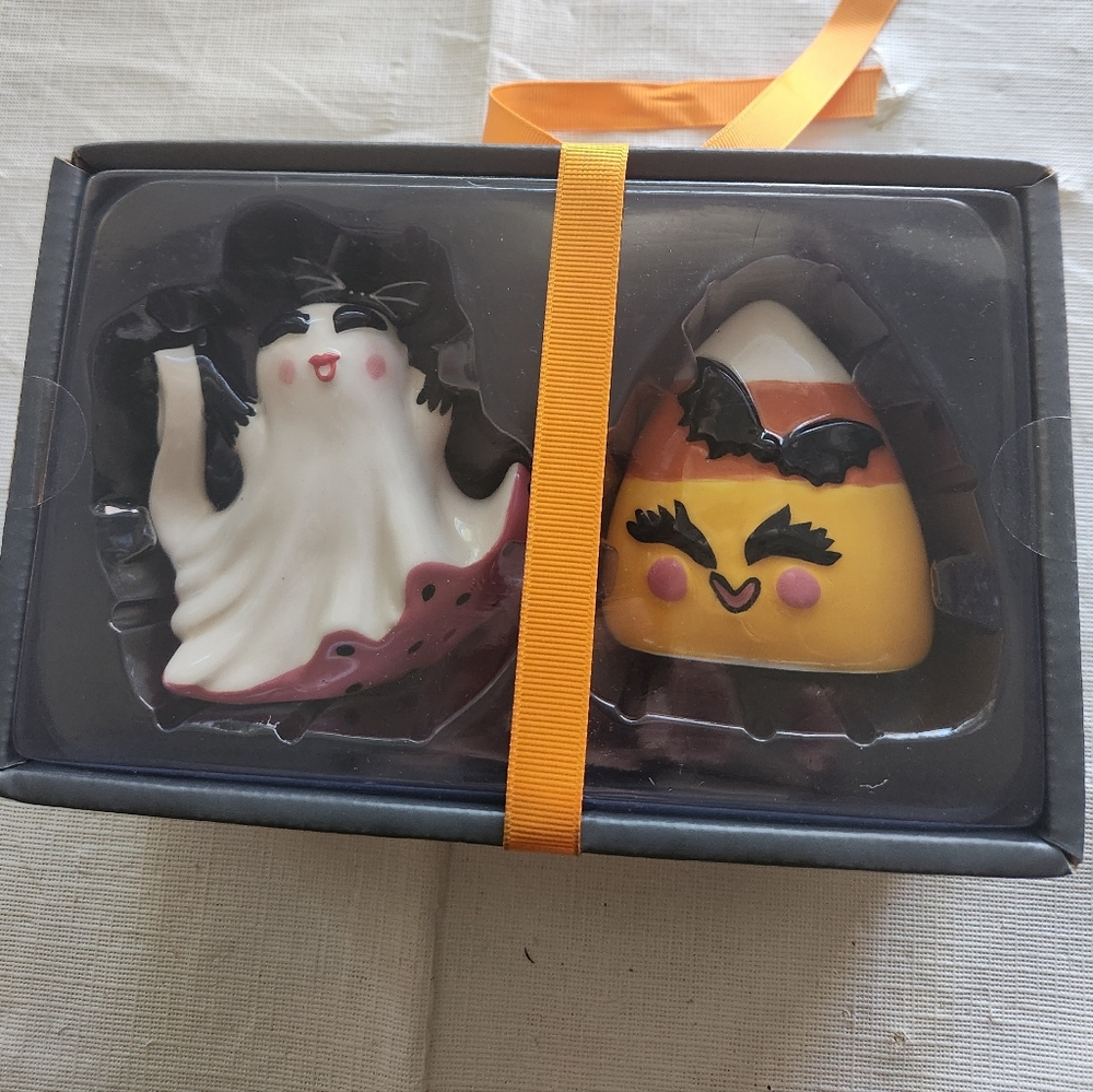 Blue Sky Salt & Pepper Shakers Girl  Ghost & Candy Corn NIB Halloween